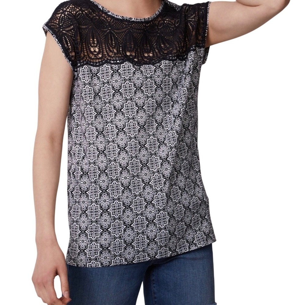 LOFT Crochet Lace Yoke Top Womens Medium Navy White Geometric Cottage Boho